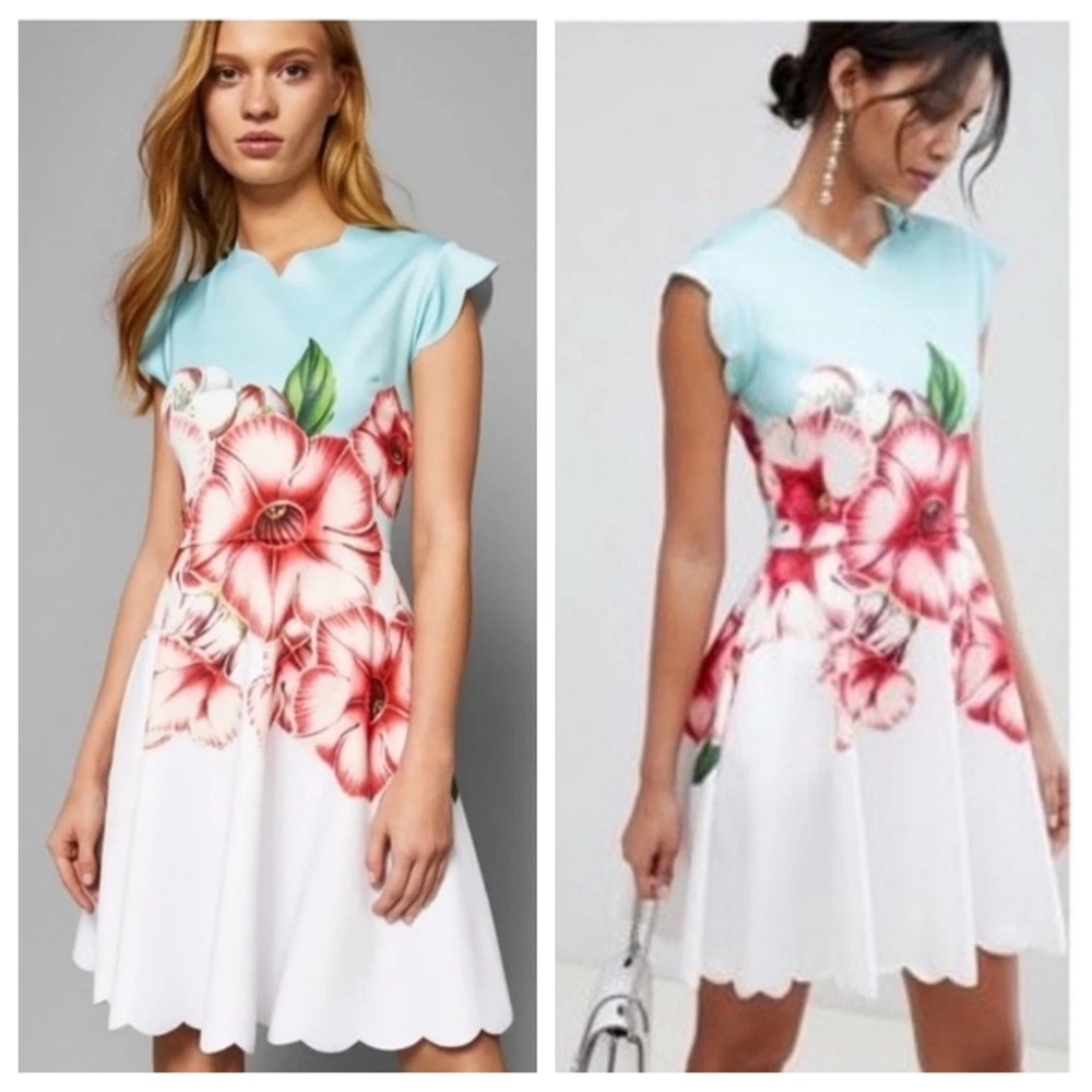Ted Baker Dress Womens 2 Mint Pastel Scuba Knit Floral‎ Fit Flare Feminine Event